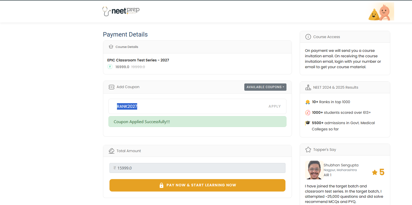 NEETprep Coupon Code RANK2027 Verified Discount